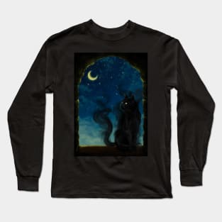 Shadow Black Cat Moon Night - Digital Art Painting Long Sleeve T-Shirt